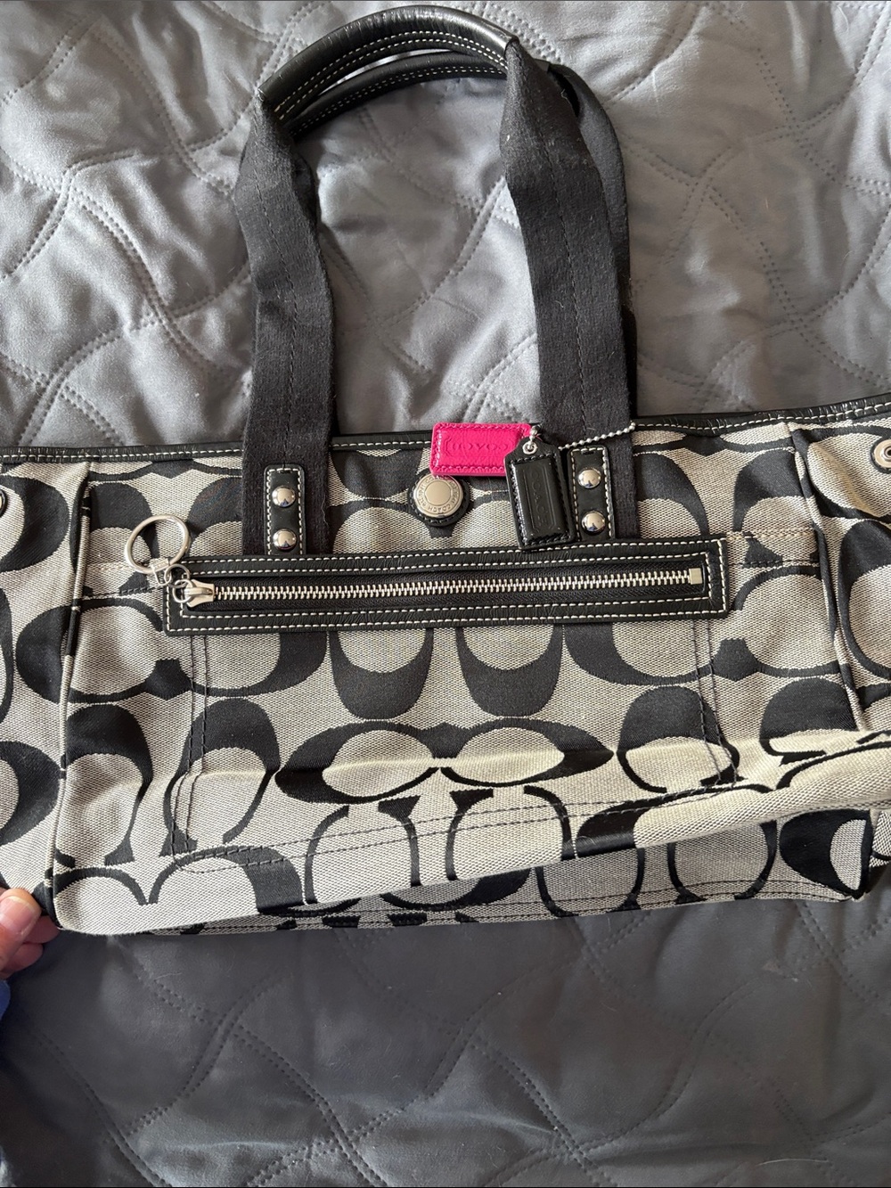 Coach Khaki & Black Signature Canvas Tote with Pink Tag
